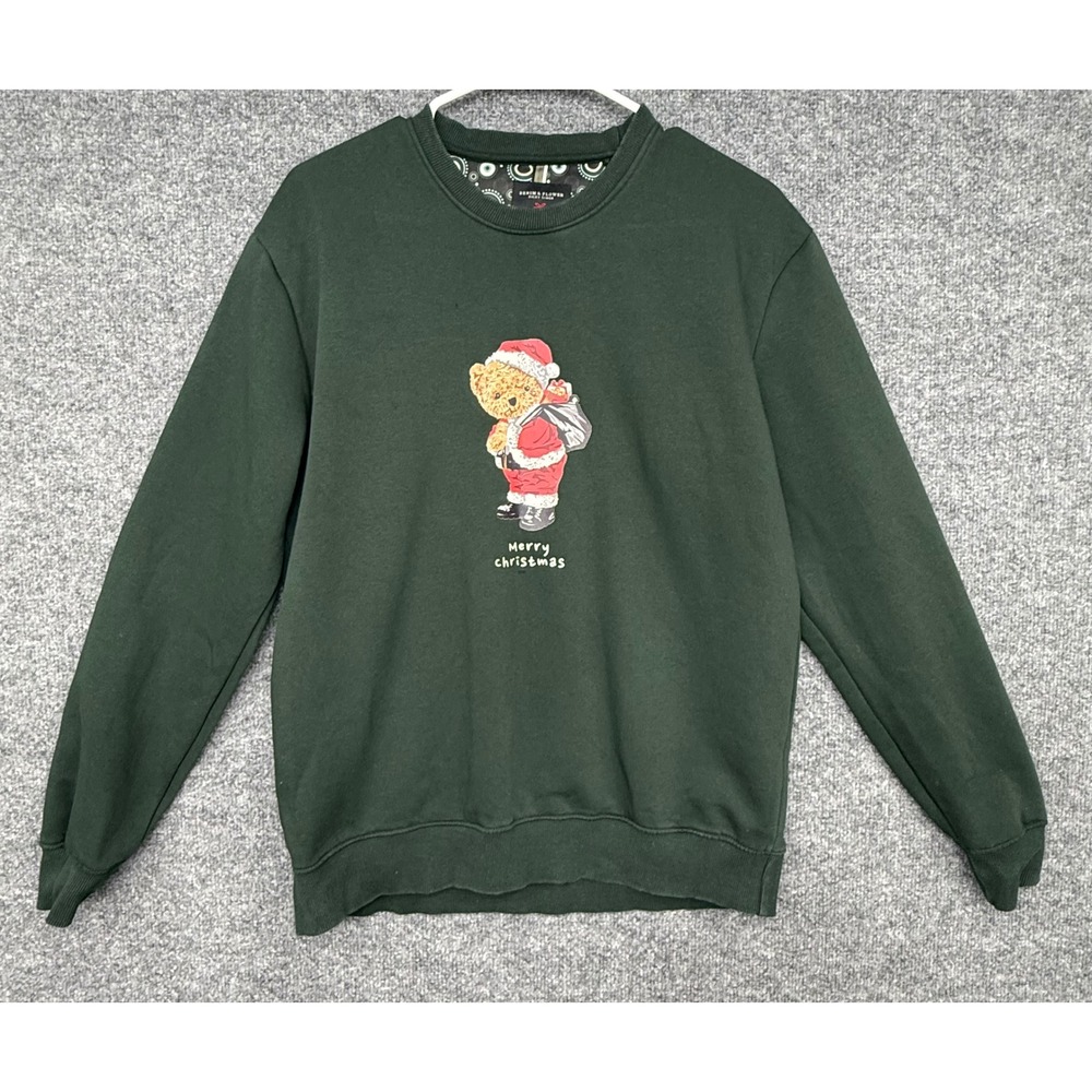 Denim & Flower Ricky Mens Small Green Santa Teddy Bear Christmas Sweatshirt